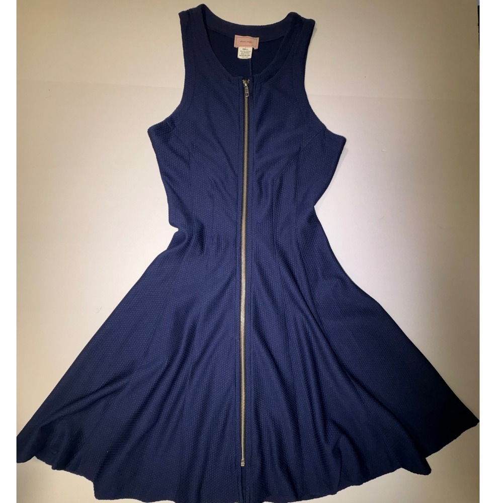 Love Adly Navy Blue Textured Fit Flare Zipper Dress Women's Small